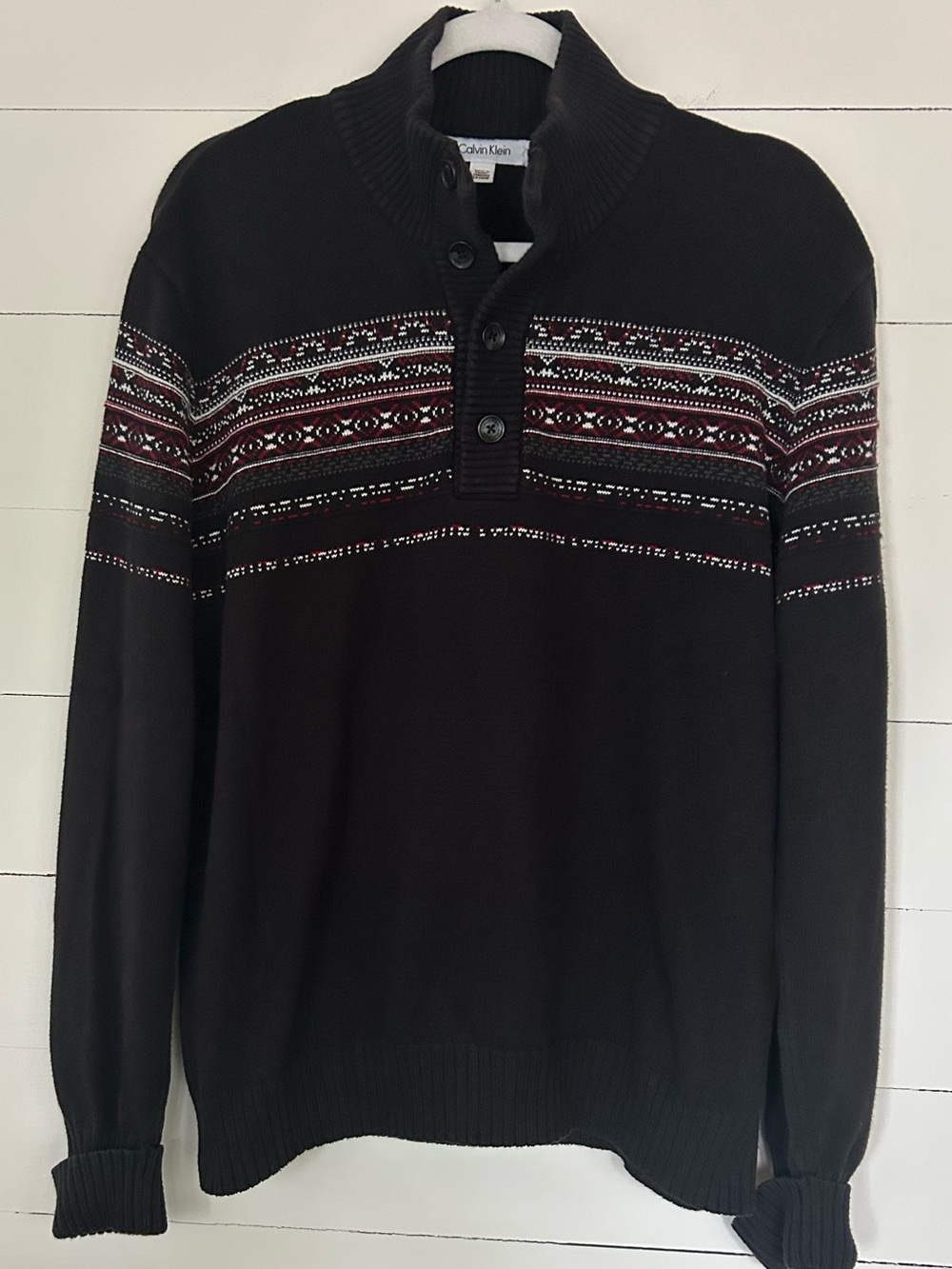 Calvin Klein Men's Black Zip-Up Fair Isle Knit Sweater with Red & White Accents